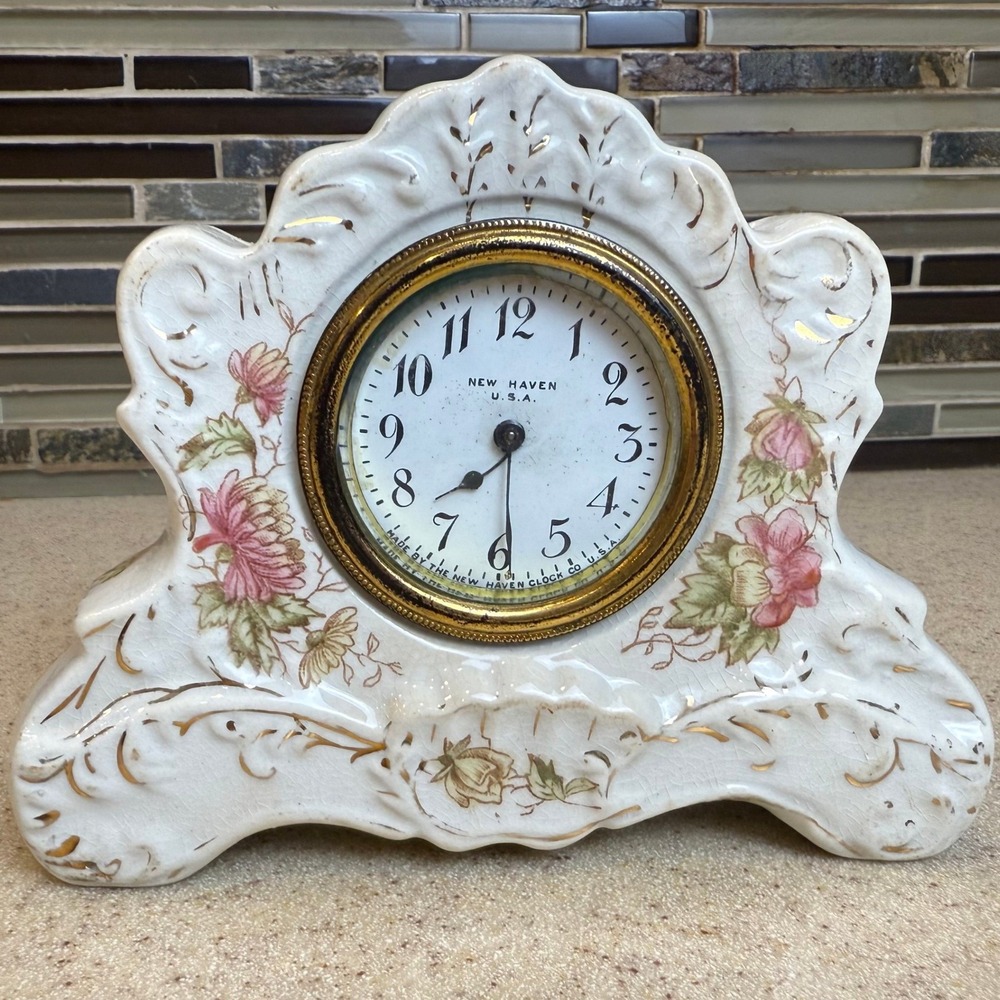 Antique 1800s New Haven Clock Co Victorian Porcelain Wind-Up Mantel Clock 6" VTG
